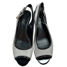 Franco Sarto Slingback Peep Toe Heels White Black Leather Buckle Strap 7.5M