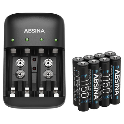 ABSINA Akku Ladegerät X4 für AA, AAA & 9V - Akkuladegerät inkl 8x AAA 1150 Akkus