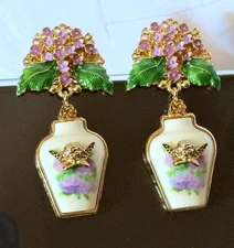 Baroque Revival Ornate Enamel Lilac Flower Urn Drop Earrings Cherub Motif Vase