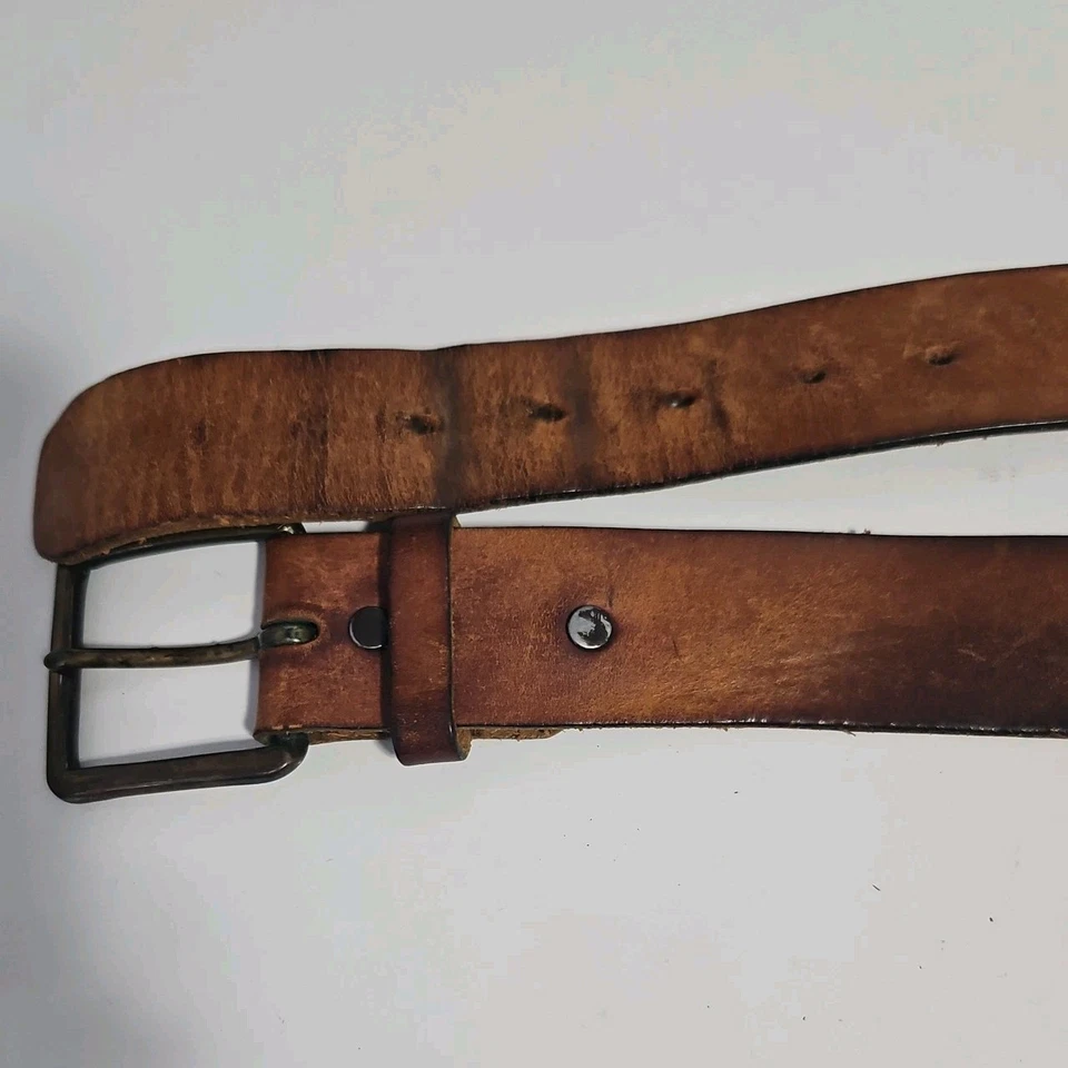 Vtg 70s Hand Tooled Southwestern Leather Belt w Brass Buckle Boho 36-42 to in - Image 3 of 4