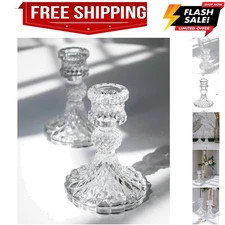Taper Candle Holders Set of 2, Clear Glass Candlestick Holder Fit 0.8 Ih Cand...