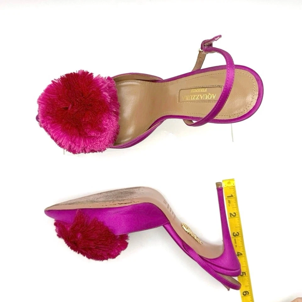Bombas AQUAZZURA Powder Puff Pompom Satin Slingback en magenta talla 37,5 Foto 3 de 4