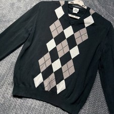 Lacoste Sweater 6 XL Argyle V-Neck Black Gray Beige Cotton Golfcore Y2K Preppy