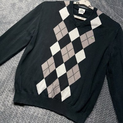 Lacoste Sweater 6 (XL) Argyle V-Neck Black Gray Beige Cotton Golfcore Y2K Preppy