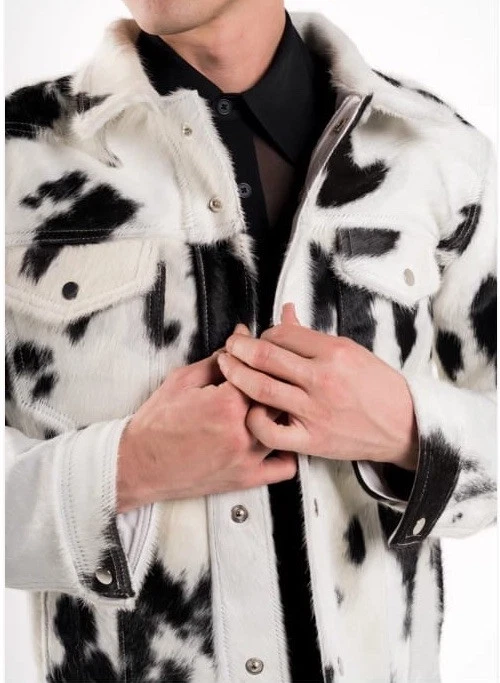 Men’s Cow Hair Trucker Jacket Black & White Warm Fur Denim Coat Western Style - Image 2 of 4