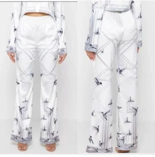 Maniere De Voir Ivory Bird Print Satin Flare Leg Pants Womens 8 Full Length