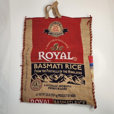 Royal Basmati 20lb Burlap Rice Bag Handles Zipper 25th Anniversary Bag Only
