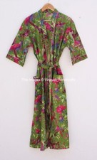 Cotton Robe Long Kimono Green Sleepwear Robe Indian Bird Printed Night Dress