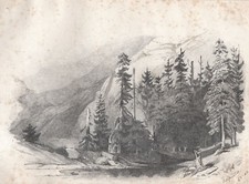 DISEGNO ORIGINALE 1800 -  MONTAGNA CON ABETI - LANDSCAPE MOUNTAIN