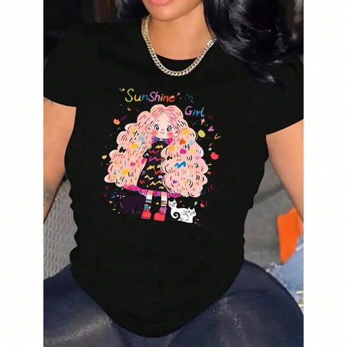 100% Cotton Cute girl printed women's casual T-shirt, fashionable loose top - Picture 7 of 13