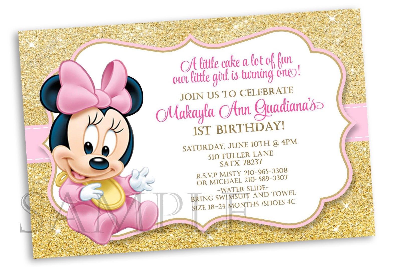 10 Baby Minnie Mouse Pink Gold Birthday Party Personalized Invitations 1st