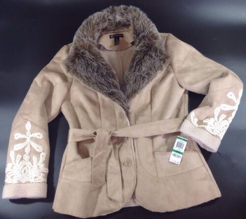 NEW INC Womens Coat Size Large L Faux Suede Leather Tan Brown Fur Jacket Belt - Picture 1 of 12