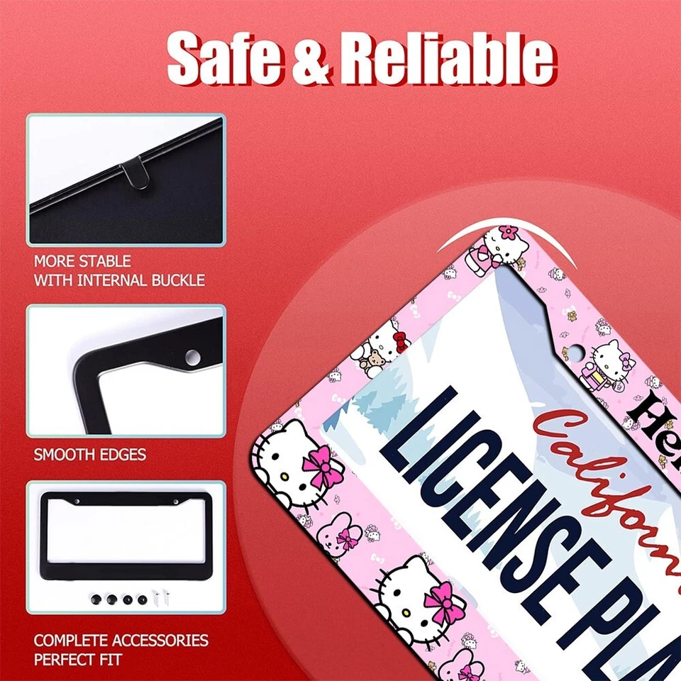 2x Cute Hello Kitty Aluminum License Plate Frame Cover Decorate Gift Universal - Image 2 of 4