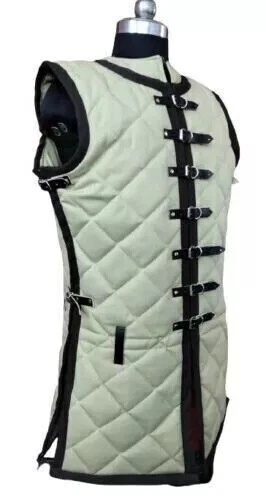 Disfraz de fantasía medieval acolchado Gambesón color blanco sin mangas con ribete negro Foto 2 de 4