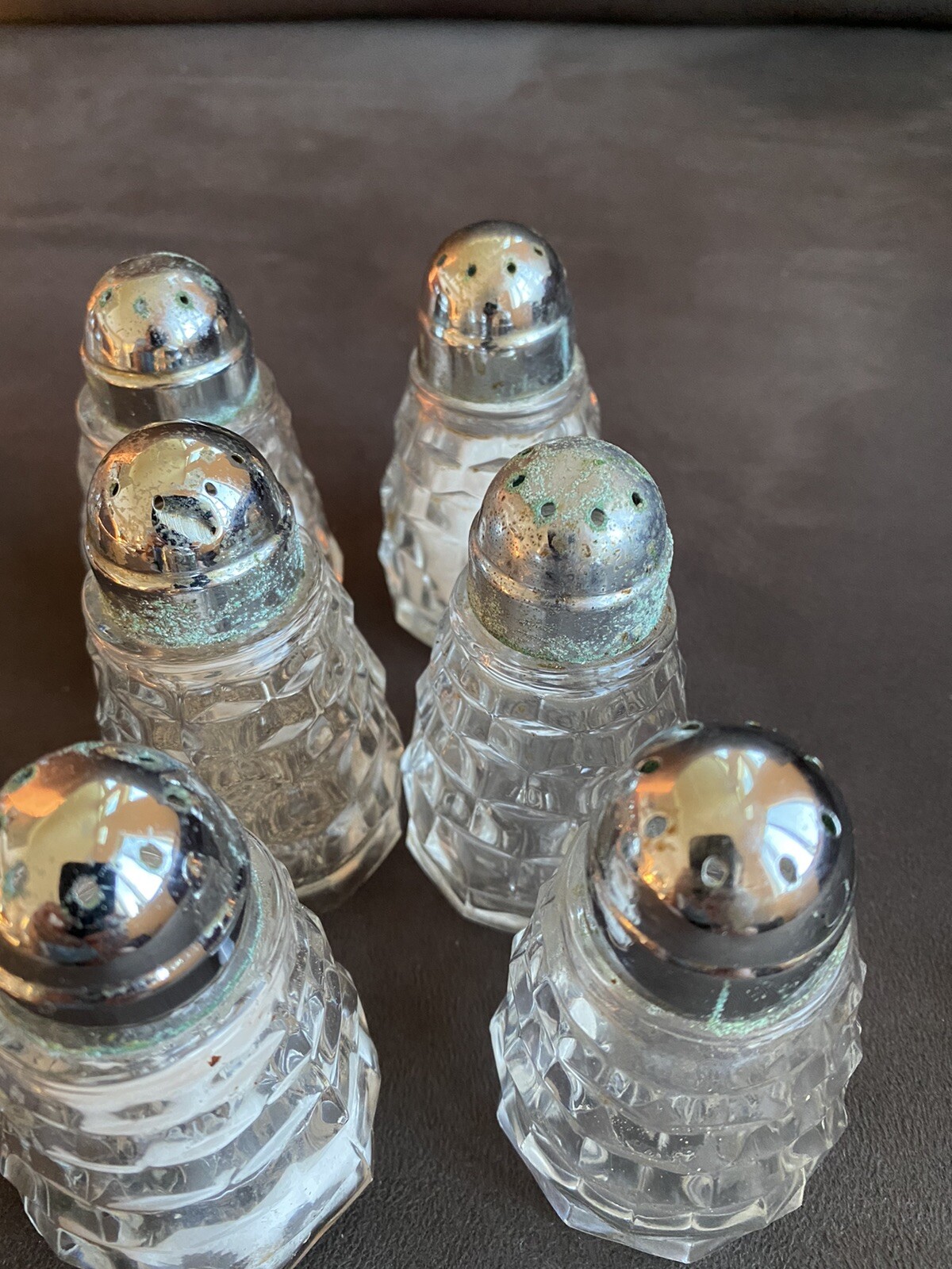 Vintage Fostoria American Crystal Salt & Pepper Shaker pair With Metal