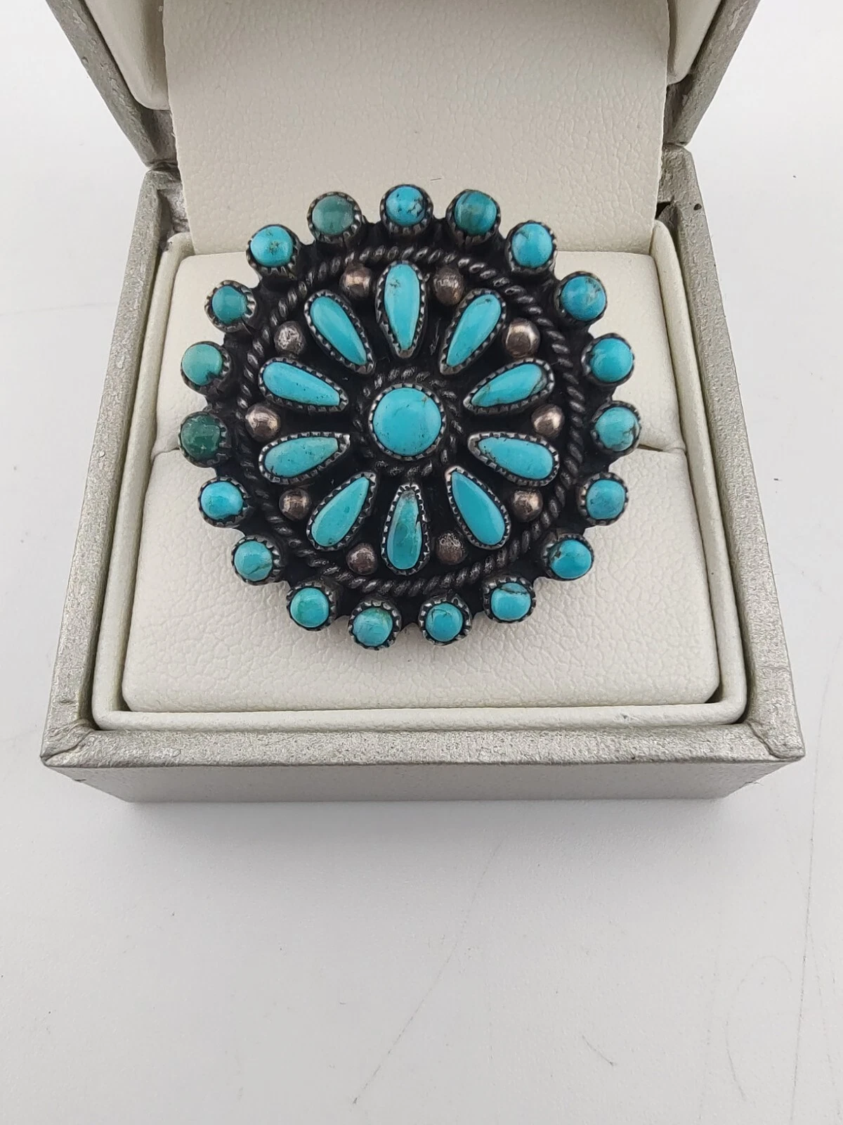Vintage Zuni Native American Handmade Turquoise Petit Point Cluster Ring Sz 5½