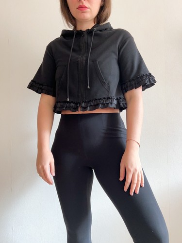 Moschino Cheap and Chic Women's Black Cropped Zip-Up Hoodie Silk Ruffle Trim US6 - 第 1/15 張圖片
