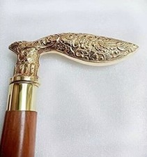 Brass Leaf Handle Inlaid Wooden Walking Cane Beautiful Mother, Male/Female/X-mas
