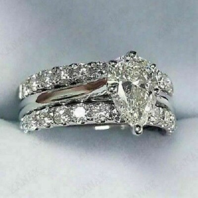 Bridal Wedding Ring Trio Set 3.80Ct Pear Cut Moissanite White Gold Finish Size 7