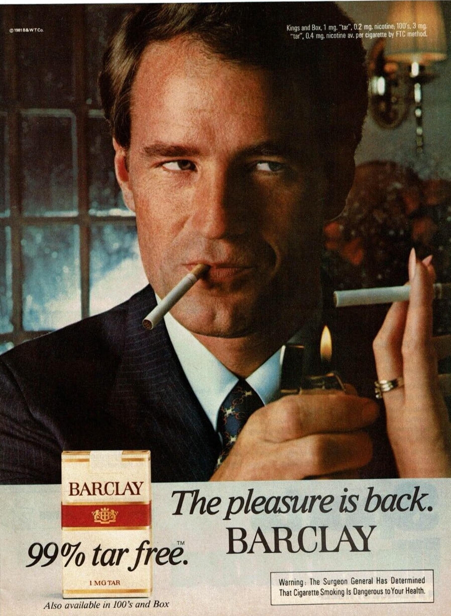 1981 Vintage Print Ad The Pleasure is Back Barclay Cigarettes 99% Tar Free