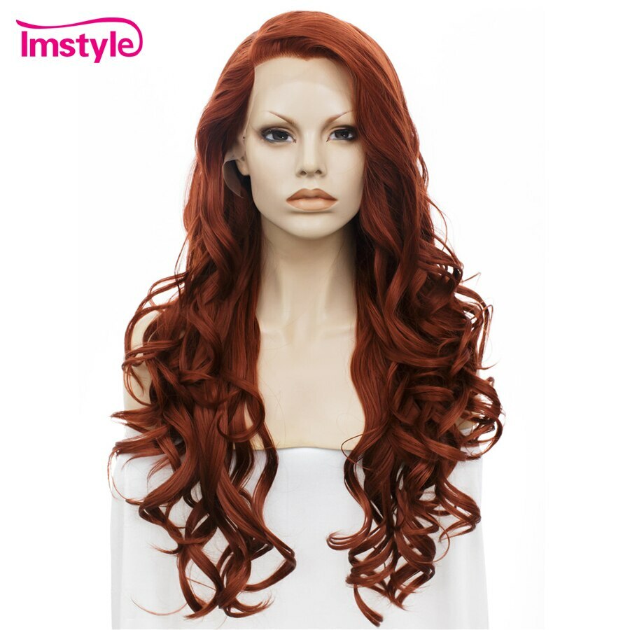 Dark Red Copper Synthetic Lace Front Wig Long Wavy Heat Resistant Glueless