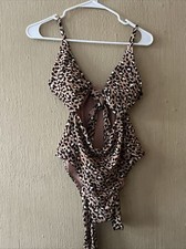 Aerie Swimsuit Cut Out Medium Tan Animal Print Wrap One Piece Full Coverage NWT