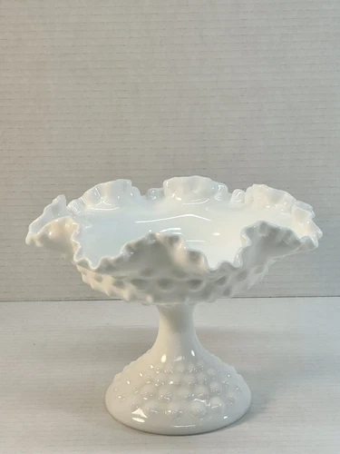 Vintage Fenton White Milk Glass Hobnail Pedestal Candy Dish Ruffled Edge