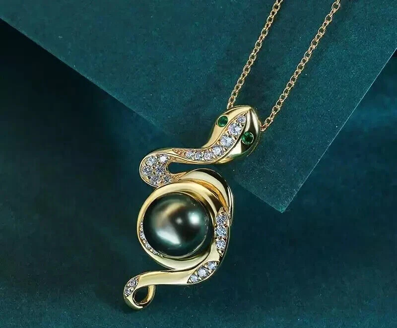 Impresionante colgante de perlas verdes negras redondas tahitianas de 9-10 mm 925 suntuoso regalo Foto 2 de 3