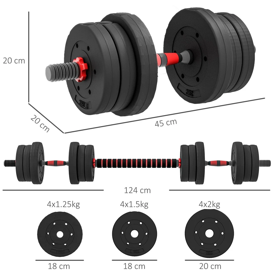 HOMCOM 20kg Adjustable 2 IN 1 Barbell Dumbbells Weight Set for Body Fitness, photo 3 of 5