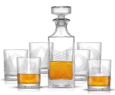 JoyJolt Gatsby Whiskey Crystal Decanter Bar Set of 7: 1 Decanter & 6 Glasses