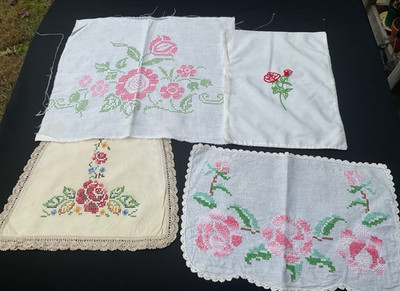 Vintage Handstitched Roses Fabric Scraps Lot Doily Slow Stitch Junk Journal - 4