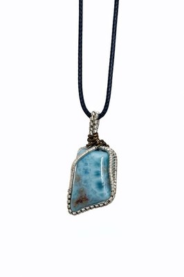 Larimar Wire Wrapped Pendant Necklace (Handcrafted) 