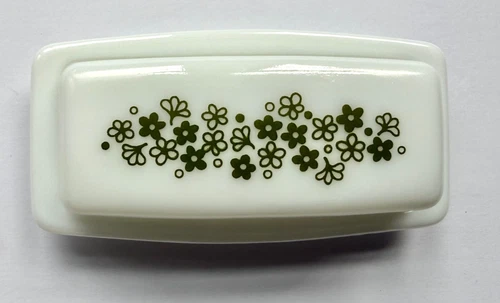 Vintage Pyrex Glass Butter Dish Green Spring Blossom Pattern Milk Glass Pyrex US