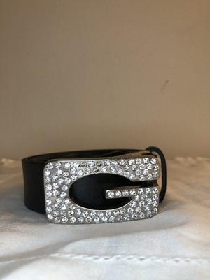 GUESS Women s Leather Belt Black G Logo Rhinestone Buckle, Small, See Des.