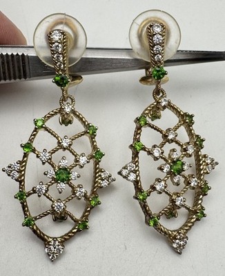 Beautiful Judith Ripka Solid Silver Green White Cubic Zirconia Pierced Earrings