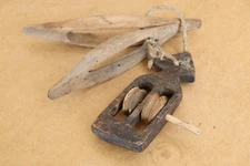 Vintage Decoration Primitive Wood Weaving Loom Parts Pulleys Rustic Farm 19th.