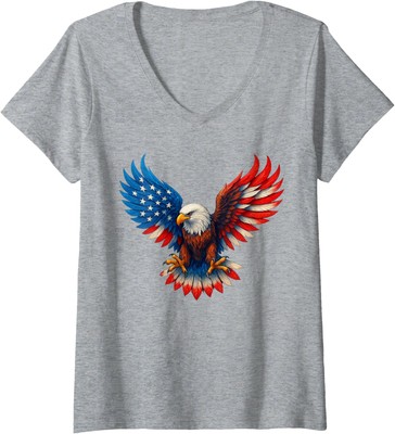 American Flag Bald Eagle Patriotic 4th of July USA Ladies' V-Neck Tshirt