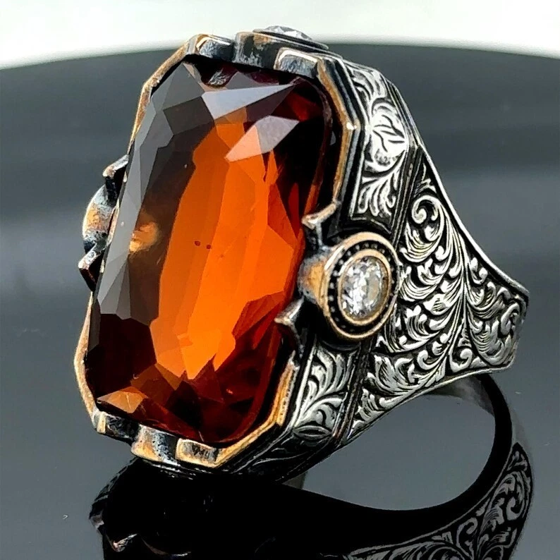 925 Мужской серебряный большой цитрин кольцо турецкий ручной работы желтый необработанный драгоценный камень кольцо - Изображение 4 из 4