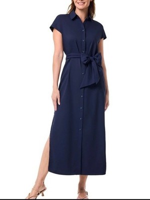 NWT Coolibar Espanola Way Navy Maxi Shirt Dress UPF 50+ Travel Size L