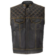 Men's Black Leather Vest Diamond Motorbike Motorcycle Concealed Orange Waistcoat