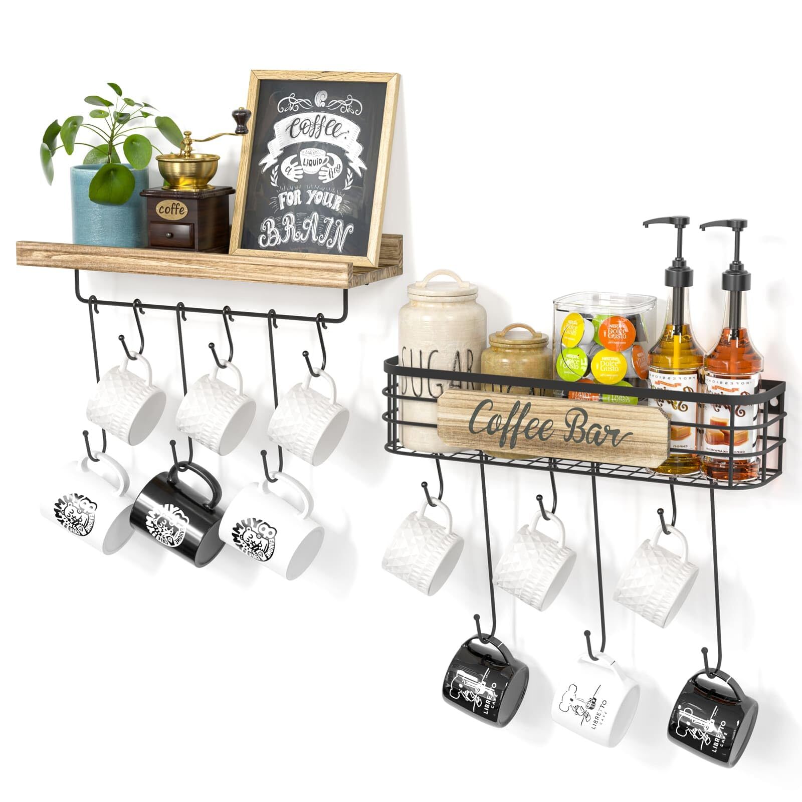 Coffee Cup Holder 2 Pack Coffee Bar Shelf with 12 Mug Hooks, Mug Organizer Fl...