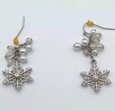 Silver Tone Snowflake Dangle Drop Pierced Hook Earrings-Faux Pearls
