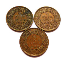 INDIA HALF 1/2 PICE X 3, DATES 1913, 1936 + 1939, GEORGE V/VI, BRZ, KM#510/528.
