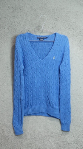 Ralph Lauren Sport Jumper Womens Large Blue V Neck Cable Knit Sweater - 第 1/10 張圖片