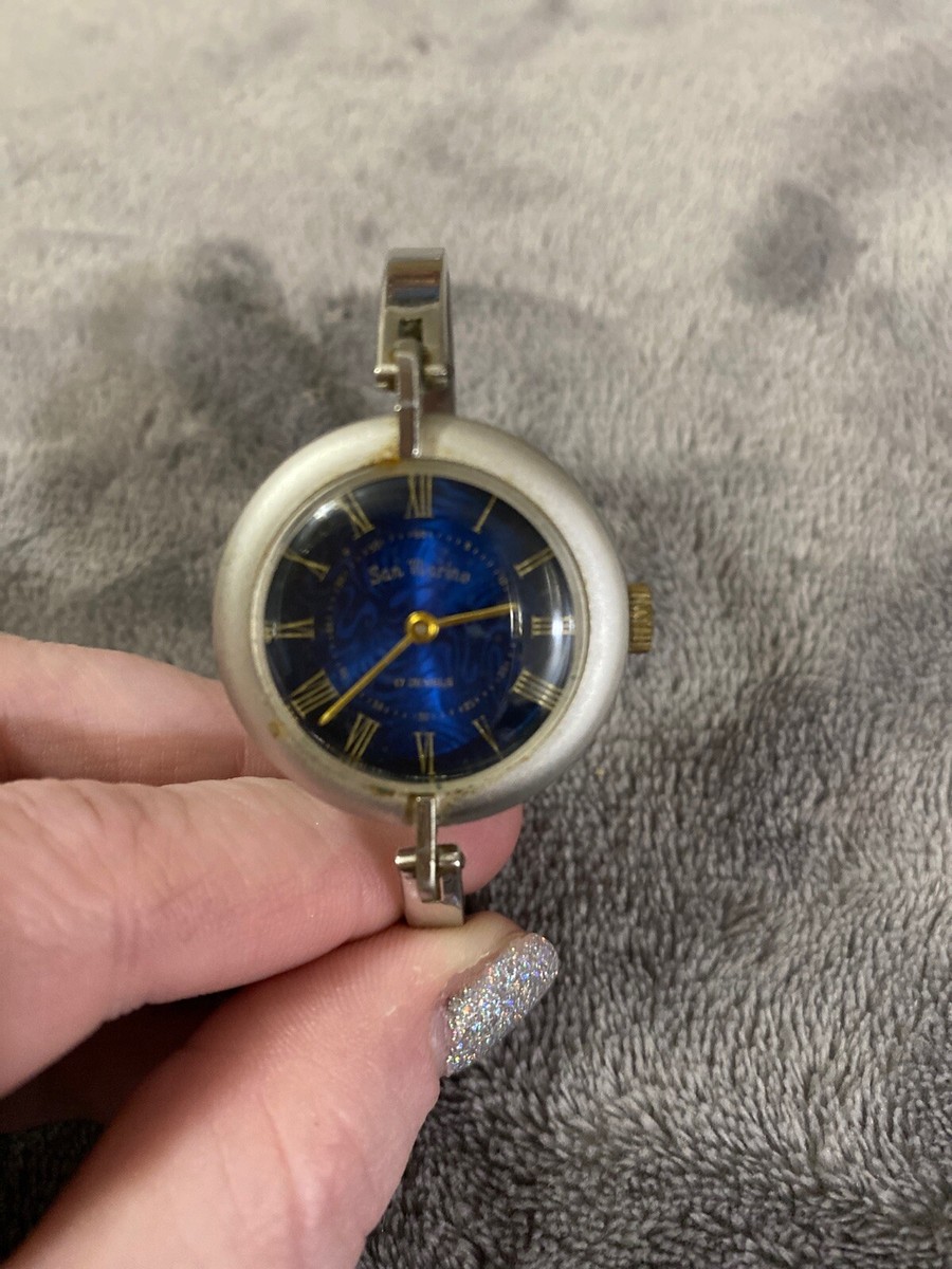 Montre Femme Vintage Saint Marin - Cadran Bleu, 17 Bijoux, Métal Argenté - Occasion Rare