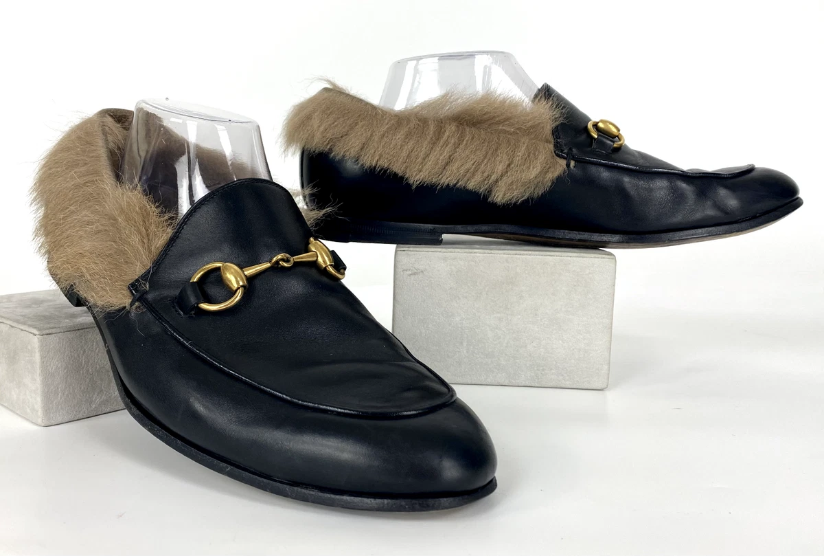 Gucci Auth Men 7.5 US 41 EU Black Leather Princetown Fur Loafers Shoes Horsebit