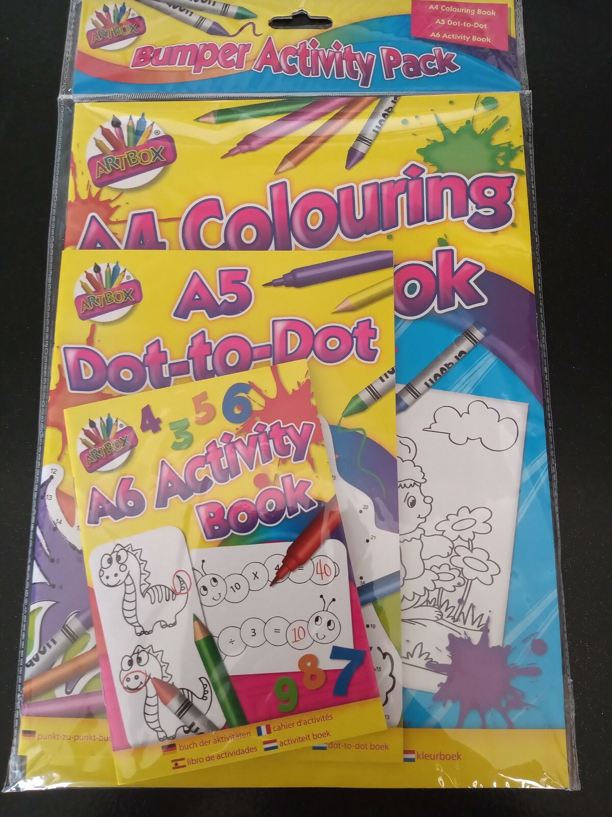 Bumper Activity Pack A4 Colouring Book, A5 Dot to Dot, A6 Activity Book.