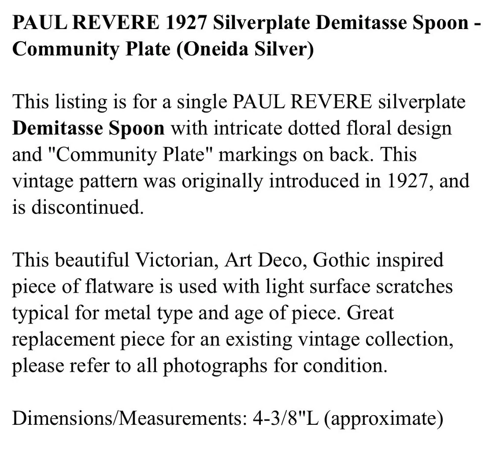 Cuchara Demitasse plateada Paul Revere 1927 - Plato comunitario (plata Oneida) Foto 3 de 4