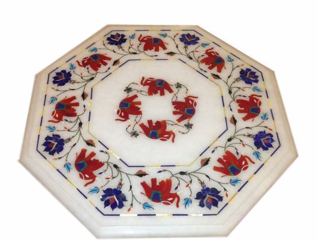 12-inch white marble inlay handcrafted pietra dura corner side table top