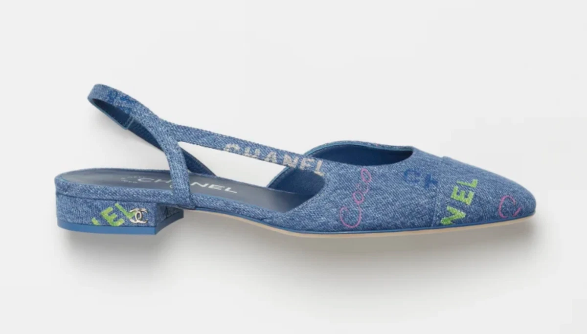 CHANEL Denim Cap Toe CC Slingback Flats 36.5 Blue 758740